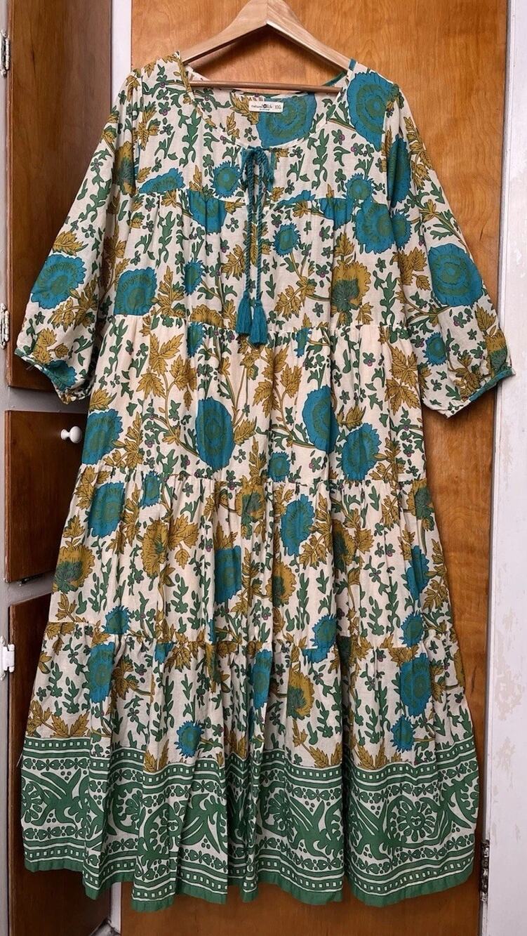 Natural Life Bohemian Floral Peasant Sleeve Maxi Dress Tiered Tassel Size XXL